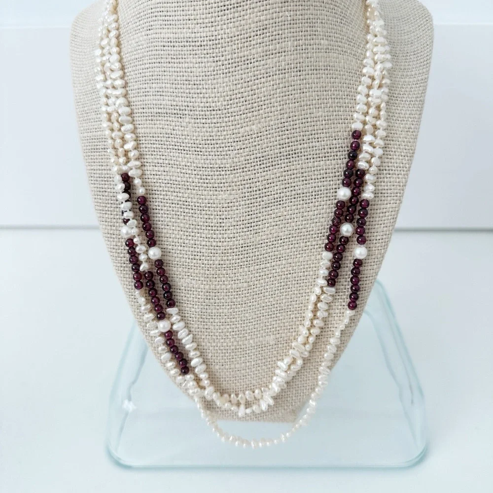 Genuine Pearls & Garnet Necklace White Red 64